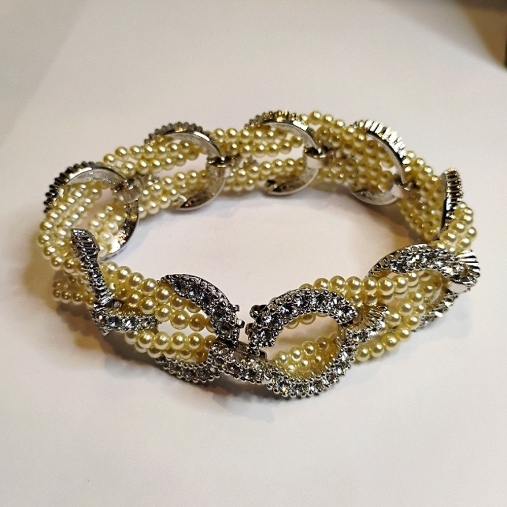 Signed Nolan Silver Tone Simulated Pearl & Rhinestone Simulated Pearl Bracelet